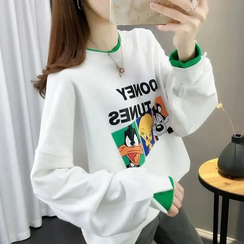 Women Fake Two-Piece Sweater Set White Green Cartoon Print — feature 6