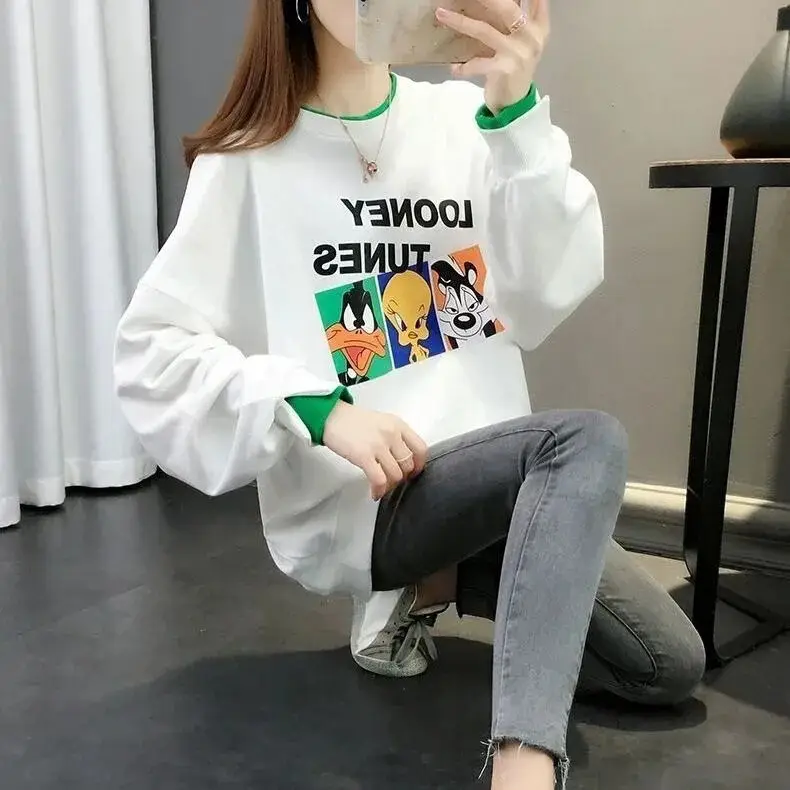 Women Fake Two-Piece Sweater Set White Green Cartoon Print — feature 7
