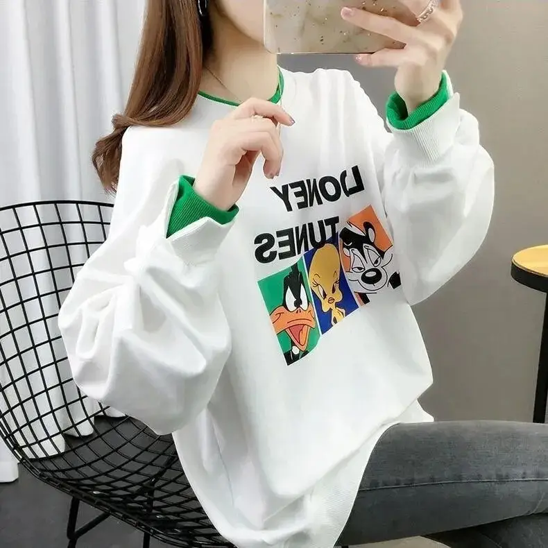 Women Fake Two-Piece Sweater Set White Green Cartoon Print — feature 8