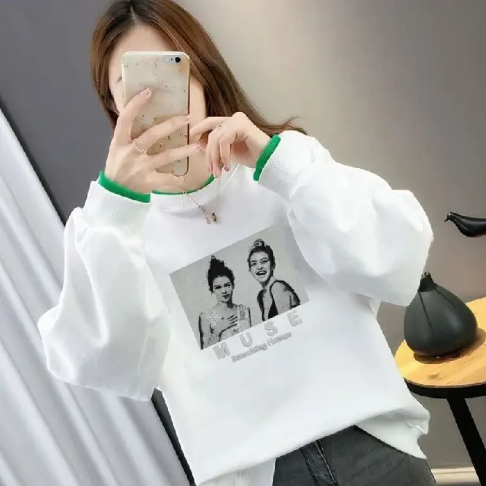 Women Fake Two-Piece Sweater Set White Green Cartoon Print - Image 11