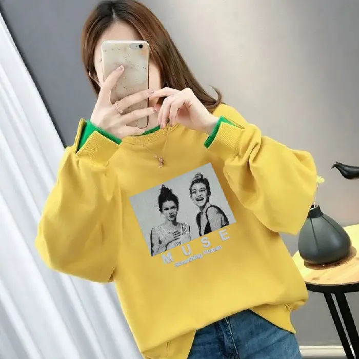 Women Fake Two-Piece Sweater Set White Green Cartoon Print - Image 12