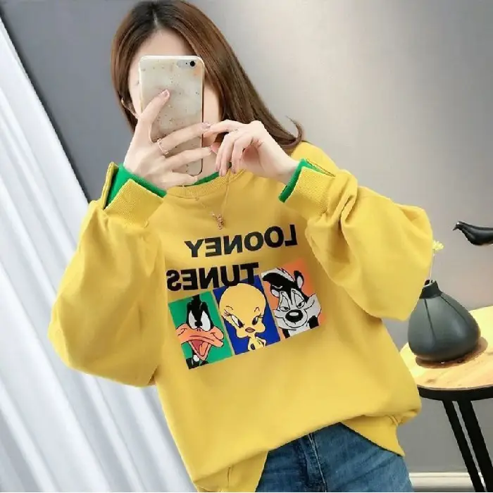 Women Fake Two-Piece Sweater Set White Green Cartoon Print - Image 2