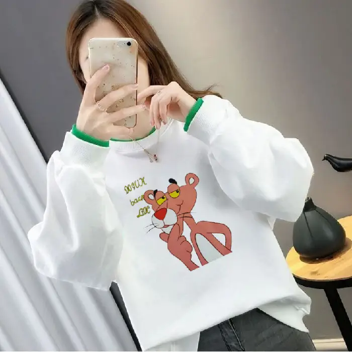 Women Fake Two-Piece Sweater Set White Green Cartoon Print - Image 3