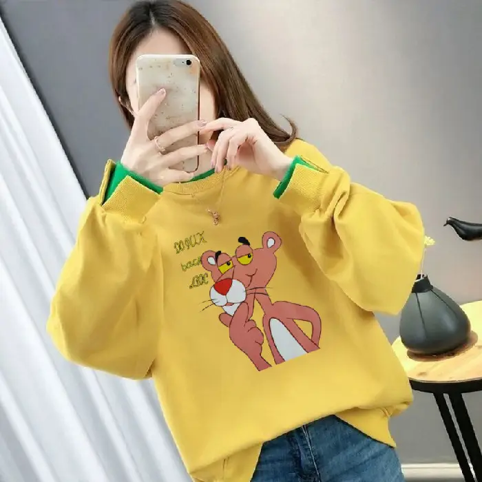 Women Fake Two-Piece Sweater Set White Green Cartoon Print - Image 4