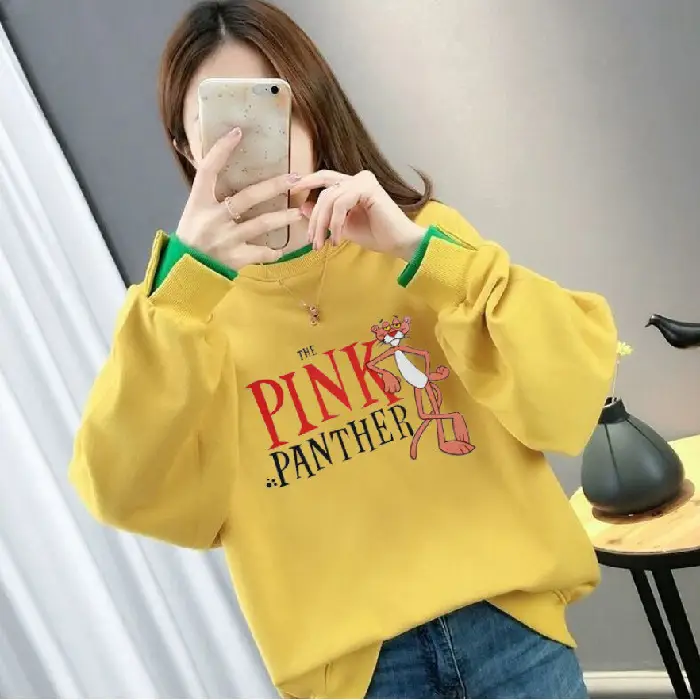 Women Fake Two-Piece Sweater Set White Green Cartoon Print - Image 6