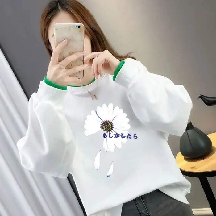 Women Fake Two-Piece Sweater Set White Green Cartoon Print - Image 7