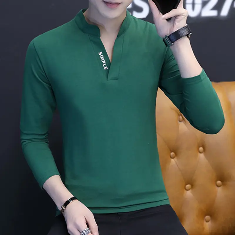 Japanese Men's Grey Long Sleeve Collar T-Shirt Slim Fit