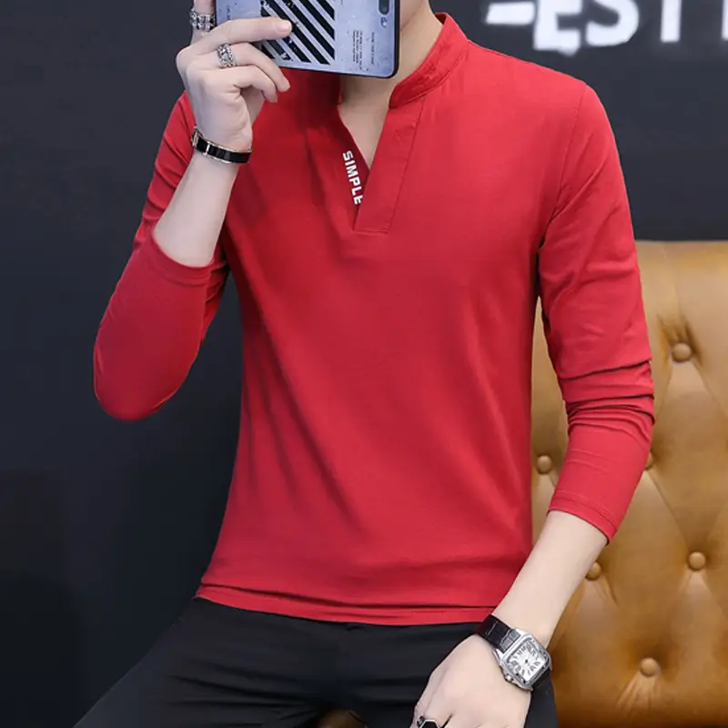 Japanese Men's Grey Long Sleeve Collar T-Shirt Slim Fit