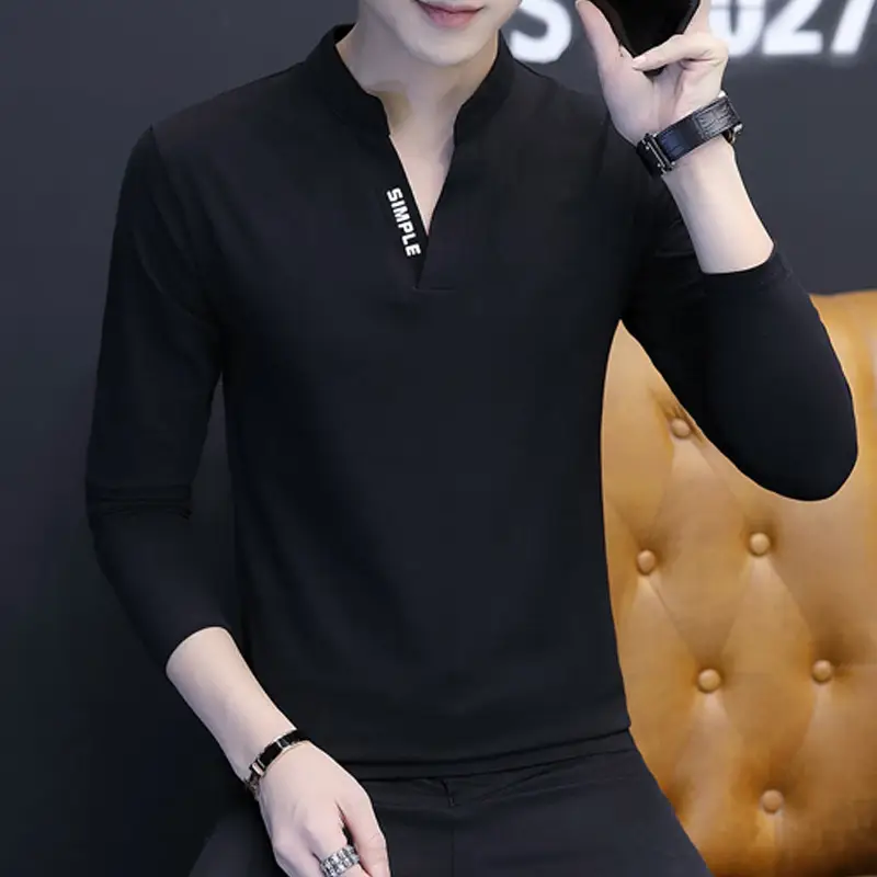 Japanese Men's Grey Long Sleeve Collar T-Shirt Slim Fit
