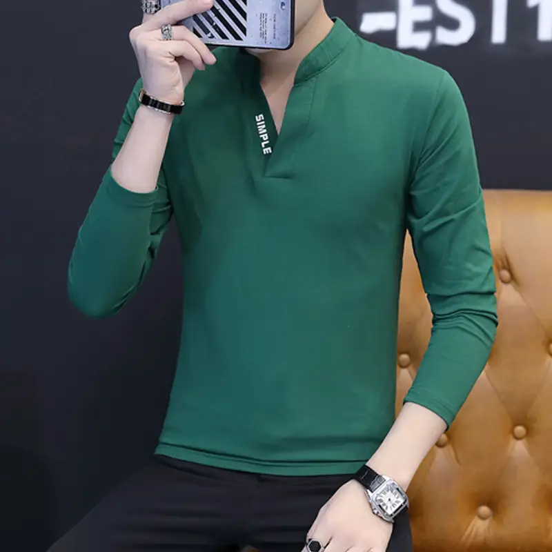 Japanese Men's Grey Long Sleeve Collar T-Shirt Slim Fit