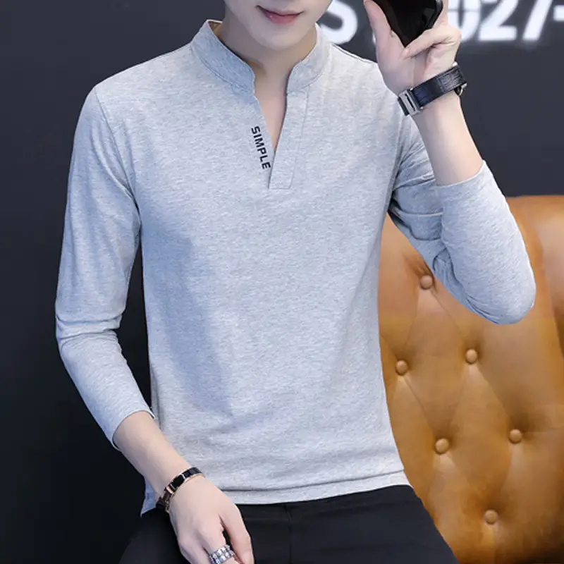 Japanese Men's Grey Long Sleeve Collar T-Shirt Slim Fit