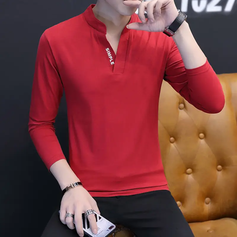Japanese Men's Grey Long Sleeve Collar T-Shirt Slim Fit
