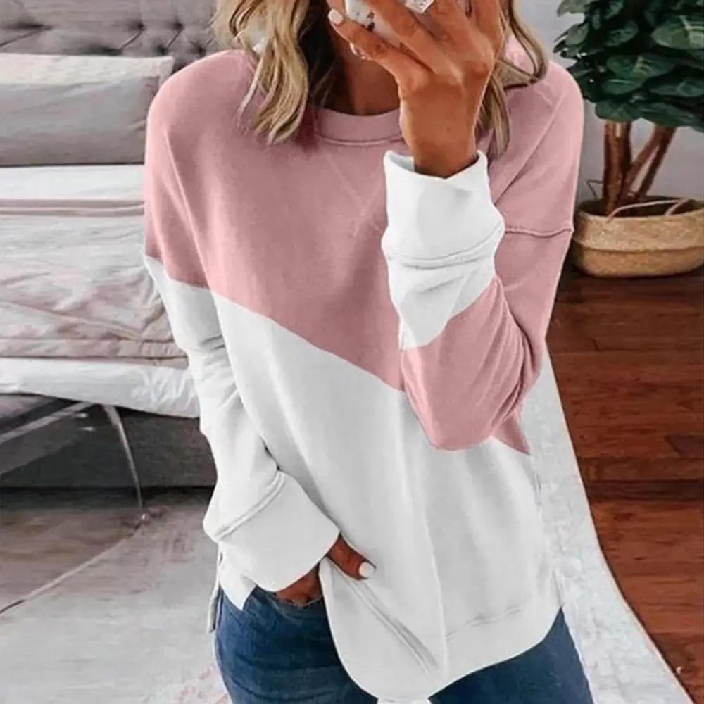 Women's Pink White Crossbody Long Sleeve T-Shirt