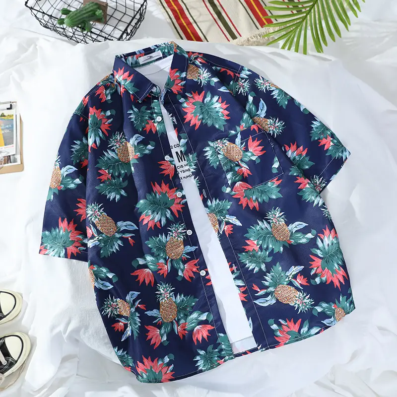 South Korea Vintage Floral Short Sleeve Shirt Men Women