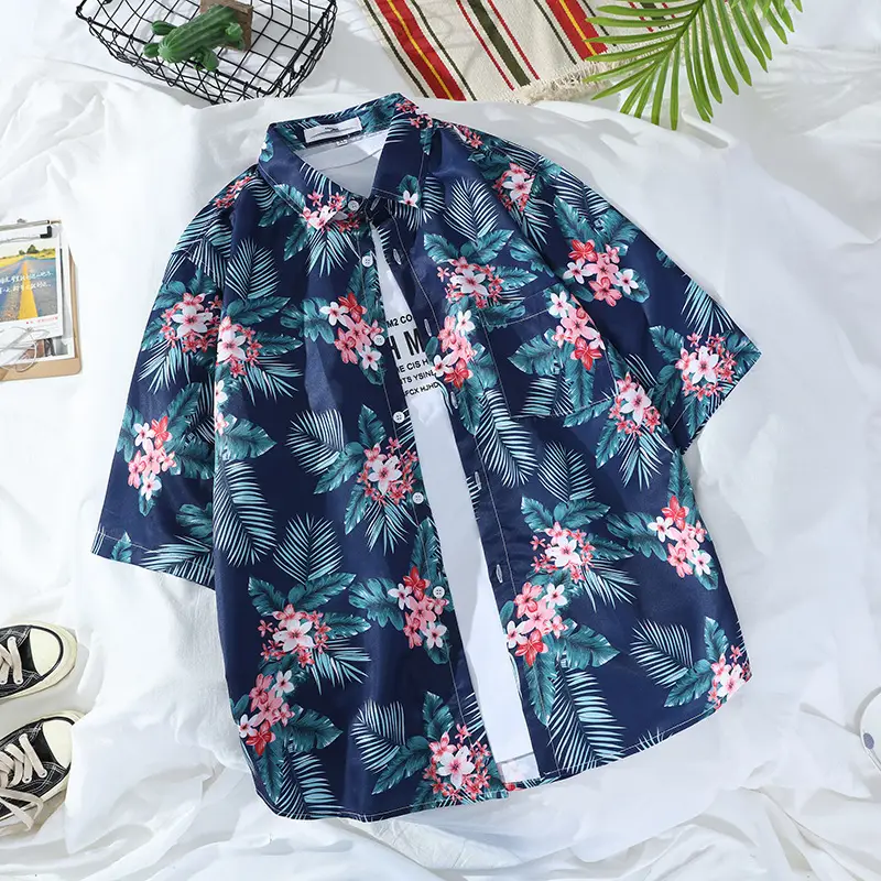 South Korea Vintage Floral Short Sleeve Shirt Men Women