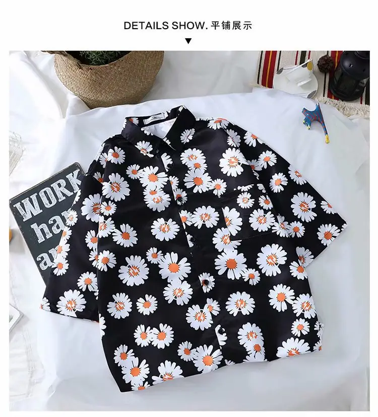 South Korea Vintage Floral Short Sleeve Shirt Men Women