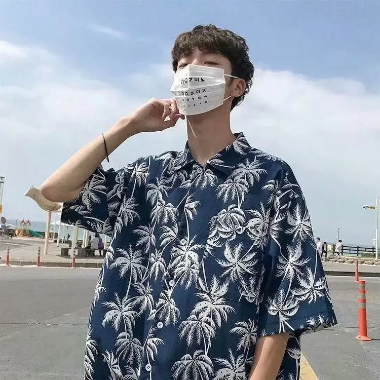 South Korea Vintage Floral Short Sleeve Shirt Men Women