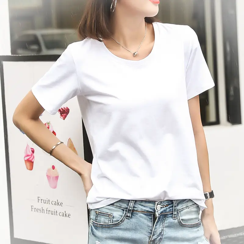Women Cotton Round Collar T-Shirt Red Short Sleeve - Image 12