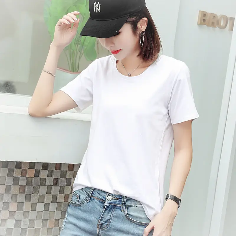 Women Cotton Round Collar T-Shirt Red Short Sleeve - Image 13