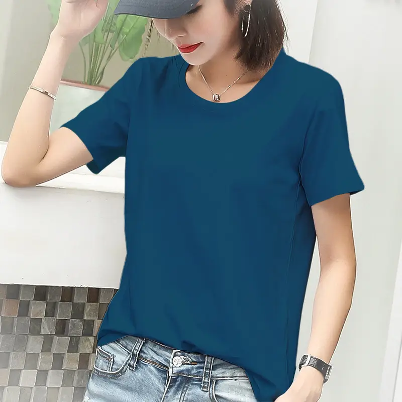 Women Cotton Round Collar T-Shirt Red Short Sleeve - Image 10