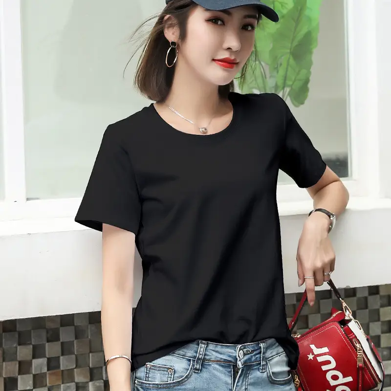Women Cotton Round Collar T-Shirt Red Short Sleeve - Image 2