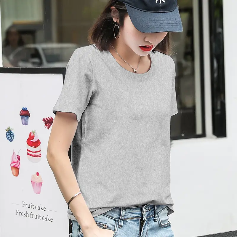 Women Cotton Round Collar T-Shirt Red Short Sleeve - Image 3