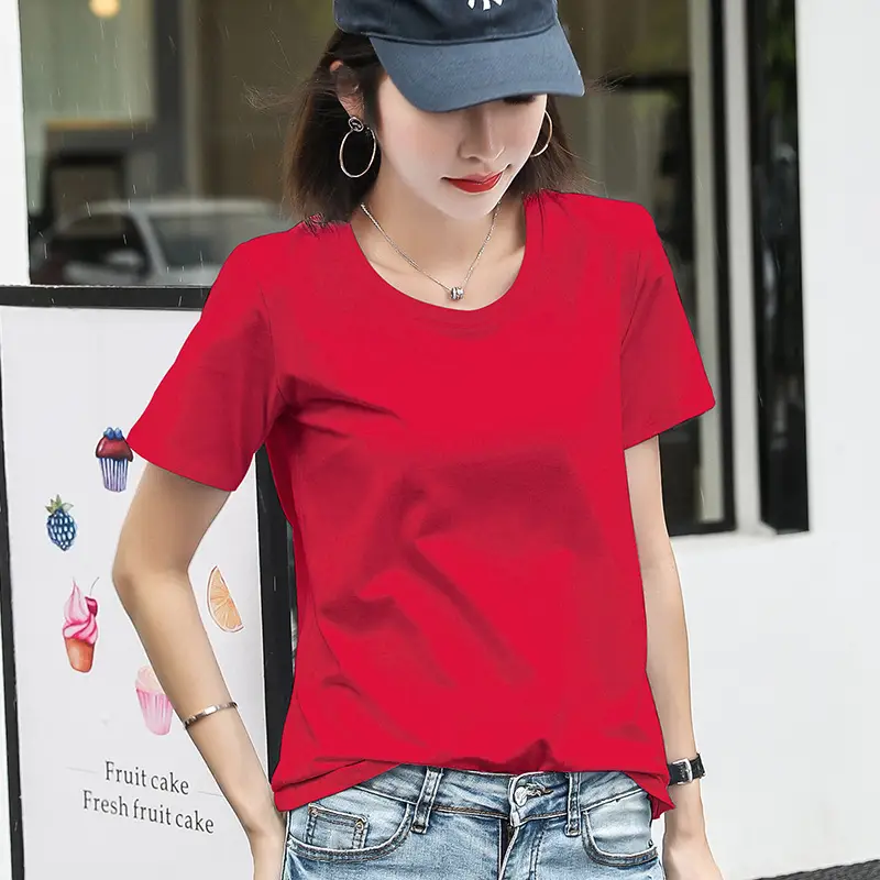 Women Cotton Round Collar T-Shirt Red Short Sleeve - Image 4