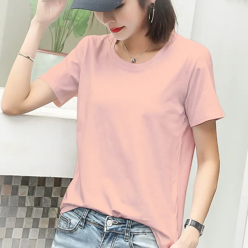 Women Cotton Round Collar T-Shirt Red Short Sleeve - Image 5