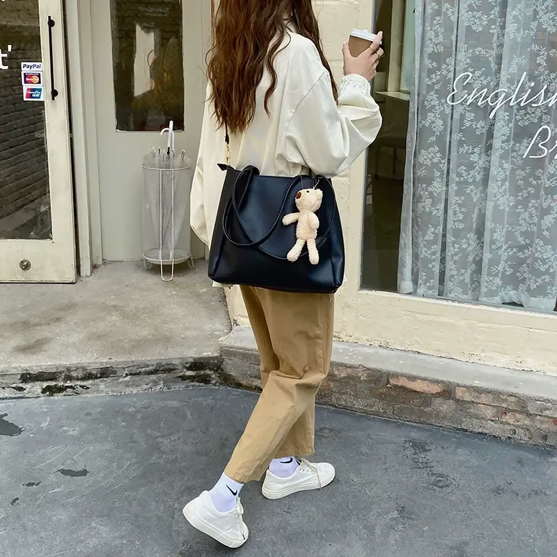 Women's Black Crossbody Bag with Teddy Bear Charm — feature 16