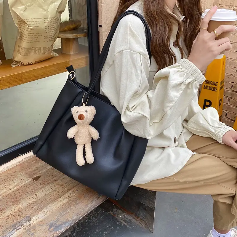 Women's Black Crossbody Bag with Teddy Bear Charm — feature 9