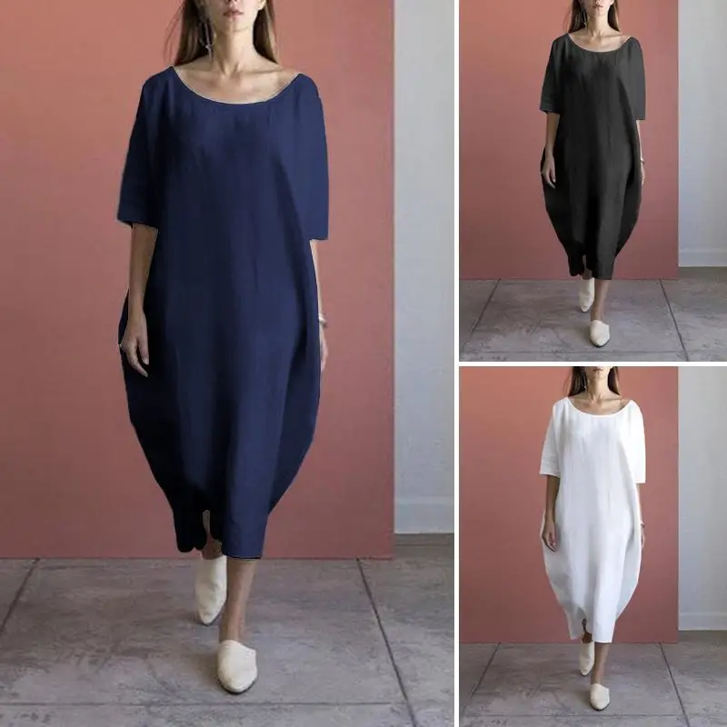 Women Cotton Linen Beach Midi Dress White Loose Long - Image 3