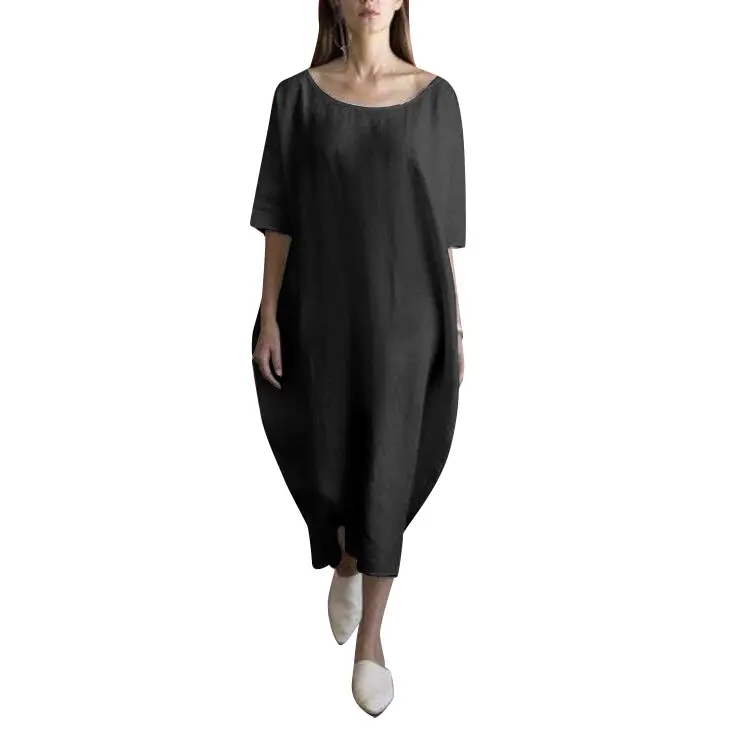 Women Cotton Linen Beach Midi Dress White Loose Long - Image 7