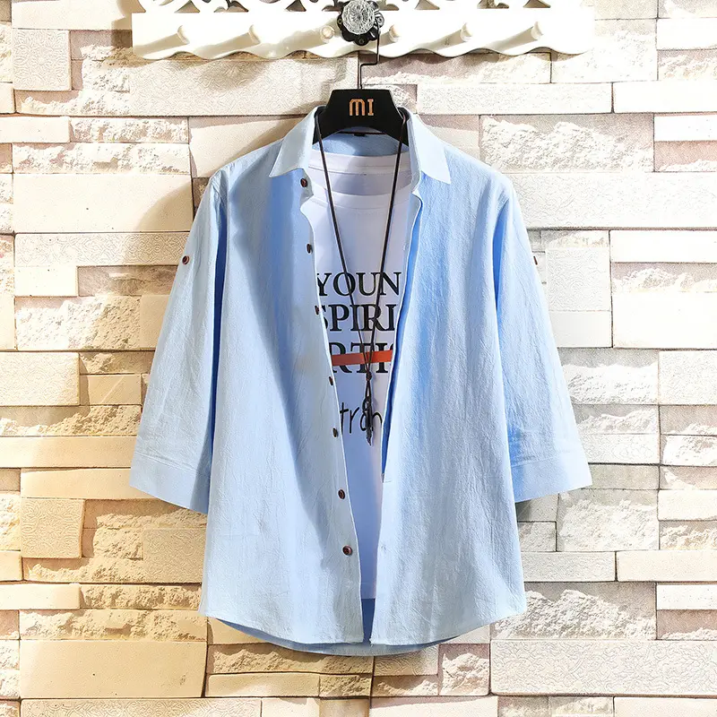 Men's Light Blue 3/4 Sleeve Shirt with Japanese Print