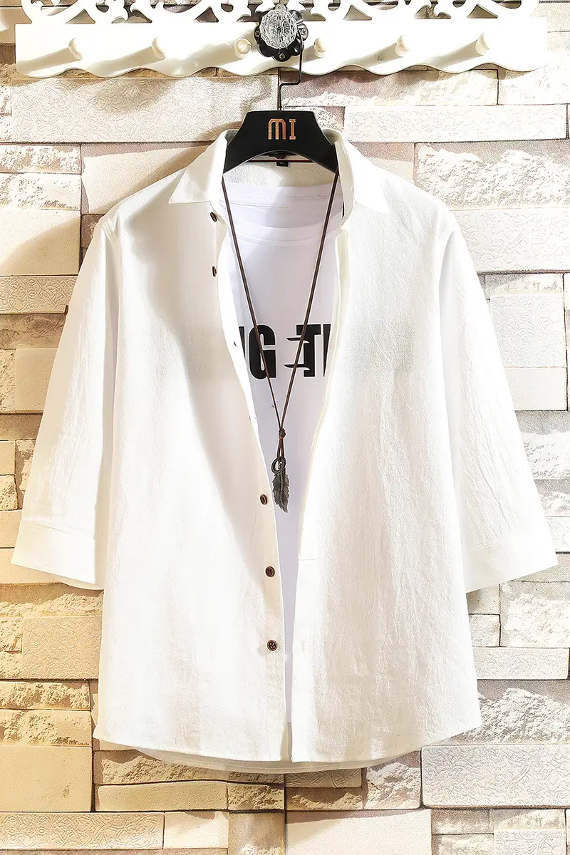 Men's Light Blue 3/4 Sleeve Shirt with Japanese Print