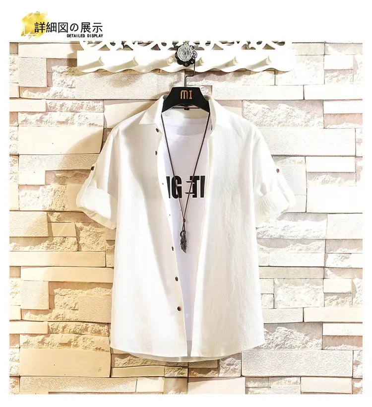 Men's Light Blue 3/4 Sleeve Shirt with Japanese Print — feature 10
