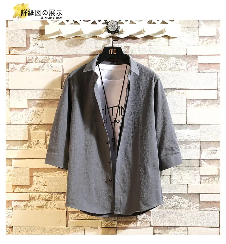 Men's Light Blue 3/4 Sleeve Shirt with Japanese Print — feature 13