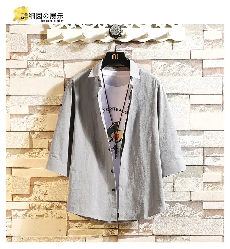 Men's Light Blue 3/4 Sleeve Shirt with Japanese Print — feature 15