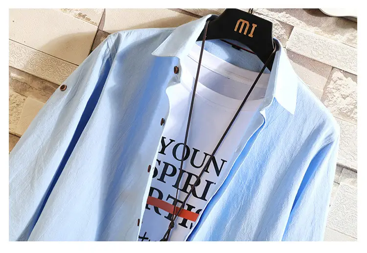 Men's Light Blue 3/4 Sleeve Shirt with Japanese Print — feature 18