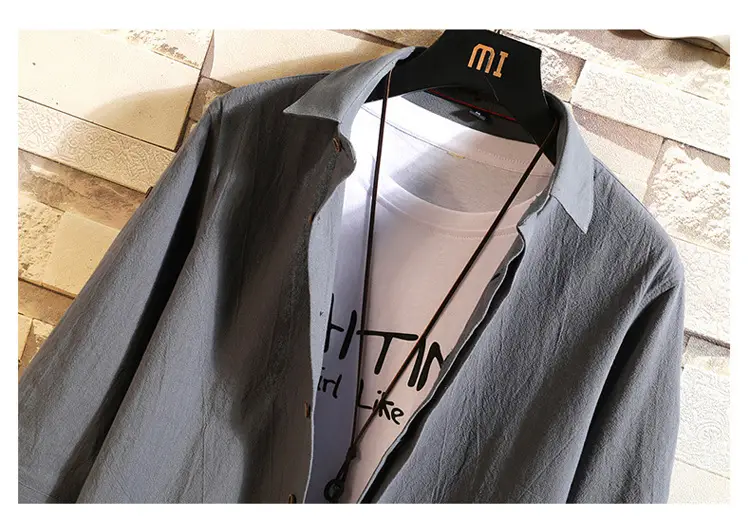 Men's Light Blue 3/4 Sleeve Shirt with Japanese Print — feature 21