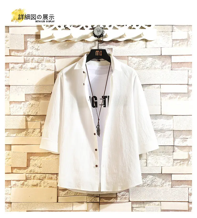 Men's Light Blue 3/4 Sleeve Shirt with Japanese Print — feature 9