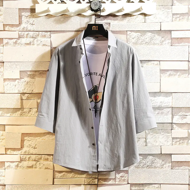 Men's Light Blue 3/4 Sleeve Shirt with Japanese Print