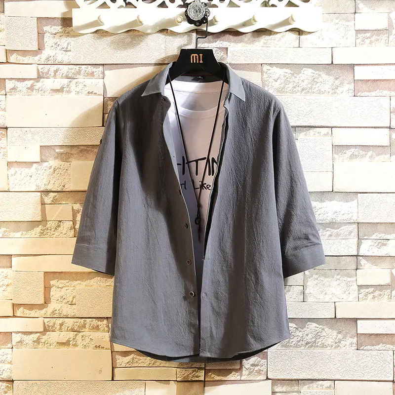 Men's Light Blue 3/4 Sleeve Shirt with Japanese Print