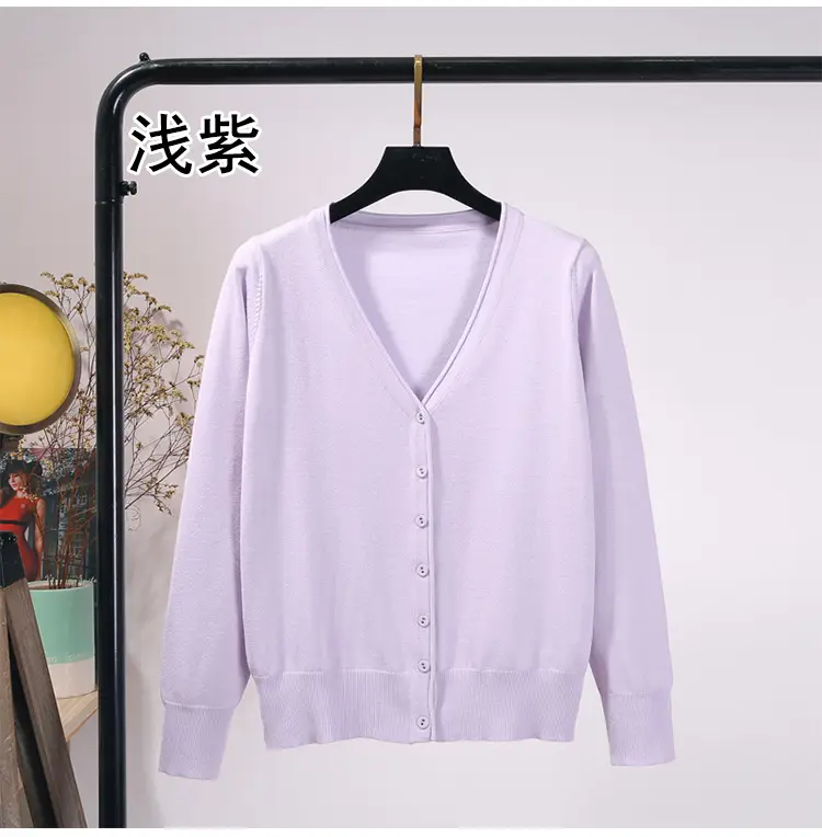 Women's Light Purple V-Neck Cardigan S-Button Long Sleeve - Image 15