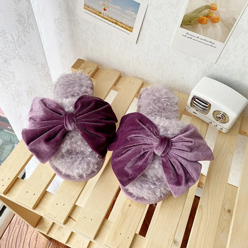 Autumn and winter New thickened plush curly velvet bow slippers star home soft bottom non-slip thermal slippers