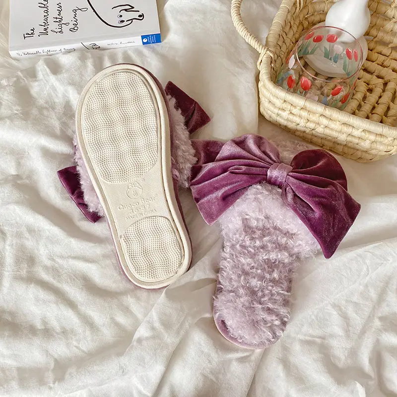 Autumn and winter New thickened plush curly velvet bow slippers star home soft bottom non-slip thermal slippers
