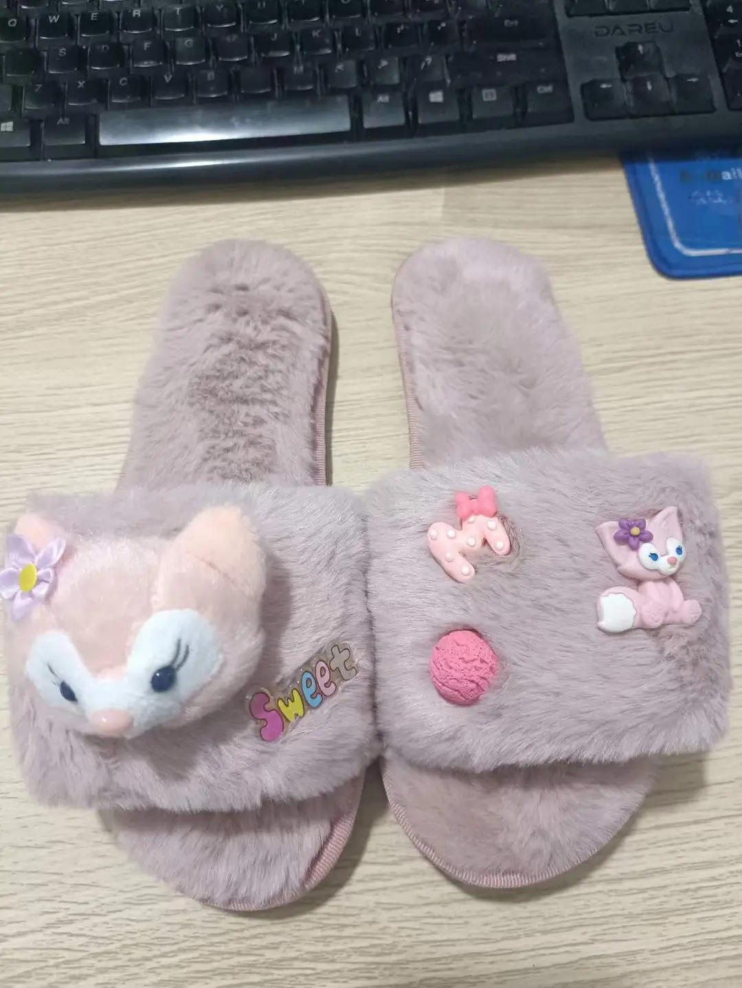 Autumn and winter New thickened plush curly velvet bow slippers star home soft bottom non-slip thermal slippers