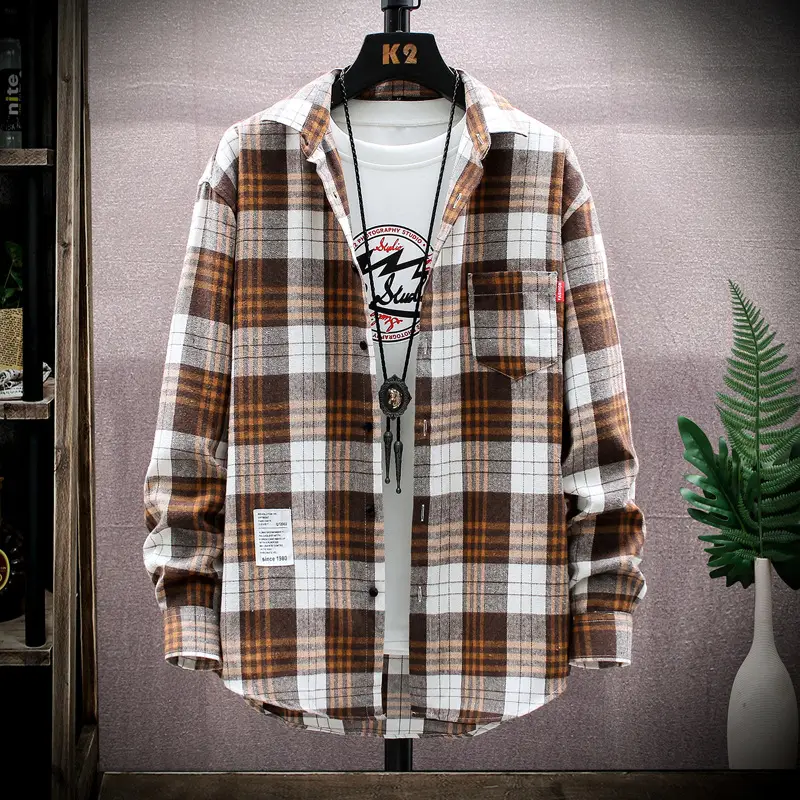 Korean Plaid Long Sleeve Men's Shirt Brown White - Image 4