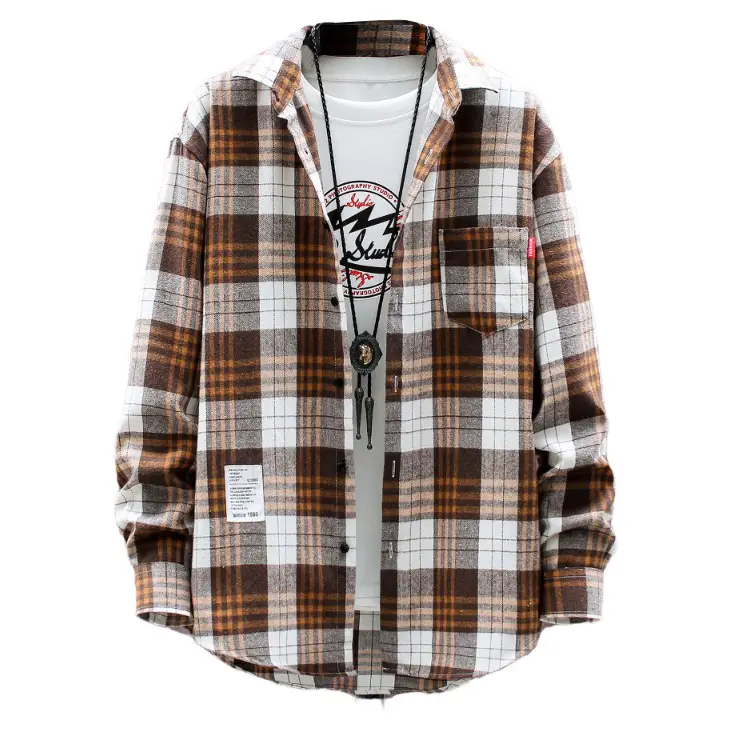 Korean Plaid Long Sleeve Men's Shirt Brown White - Image 7
