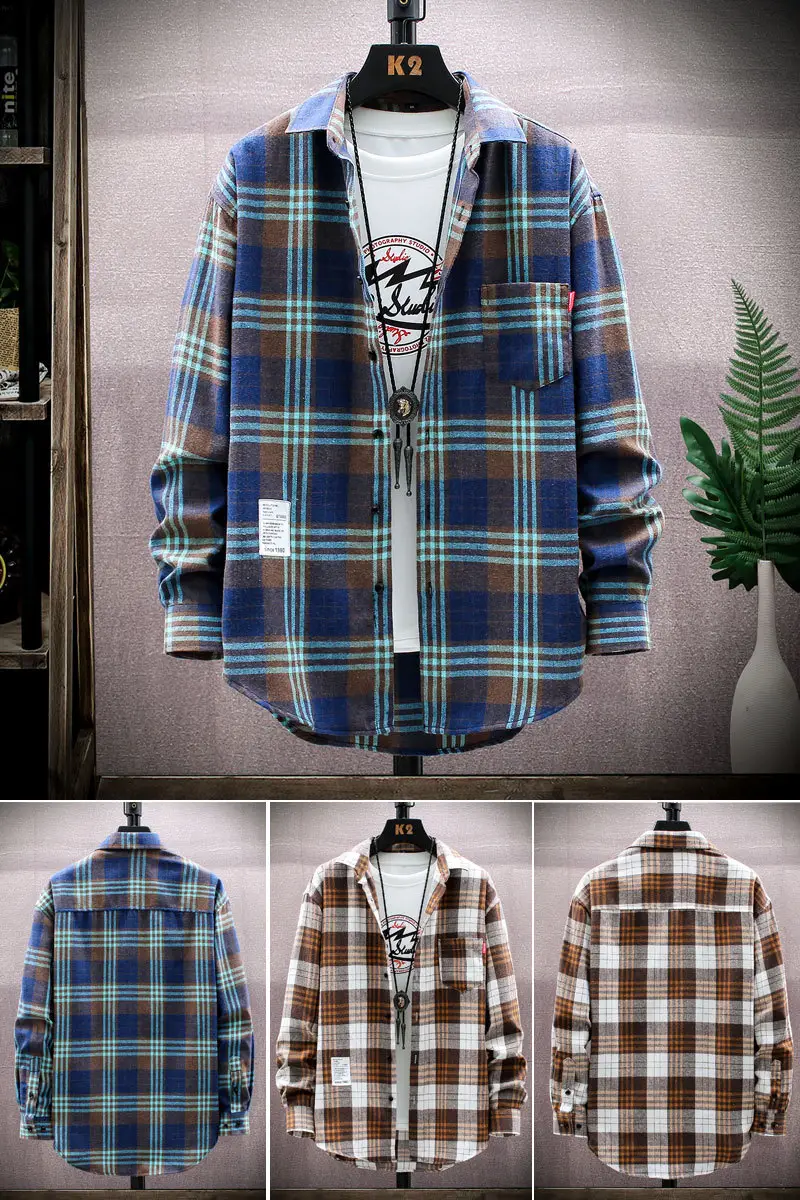 Korean Plaid Long Sleeve Men's Shirt Brown White - Image 8