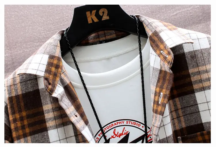 Korean Plaid Long Sleeve Men's Shirt Brown White — feature 14